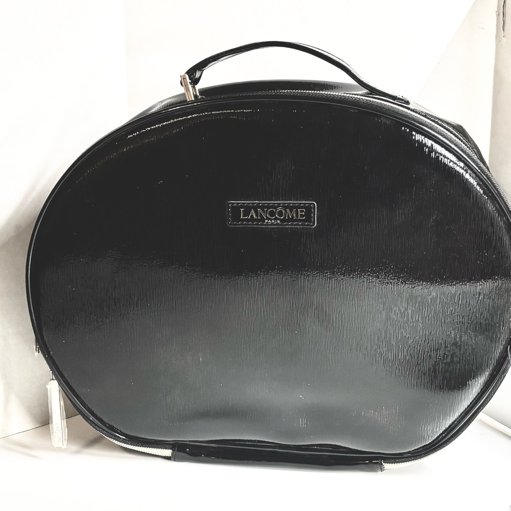 Large Lancôme Round Train Case Patent Leather Gold Hardware